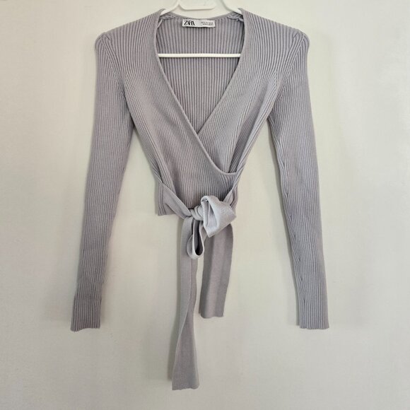 Zara Ribbed Wrap Front Long Sleeve Knit Cardigan Blue Size Small b21E - Picture 3 of 7